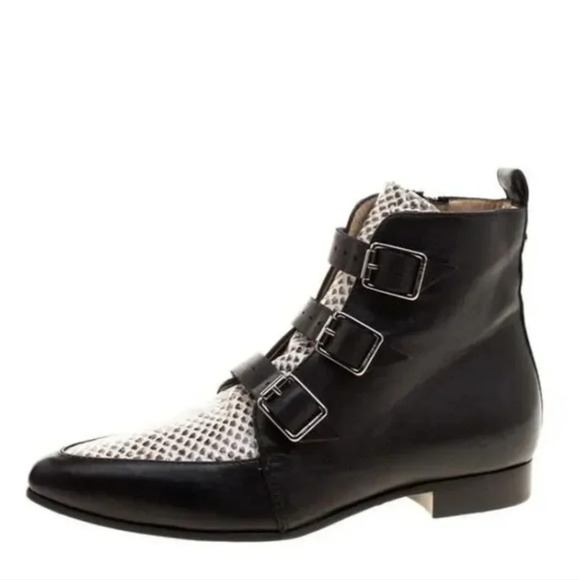 Jimmy Choo Ankle Boots Marlin Cream Snake Print &‎ Black Leather - Picture 1 of 16